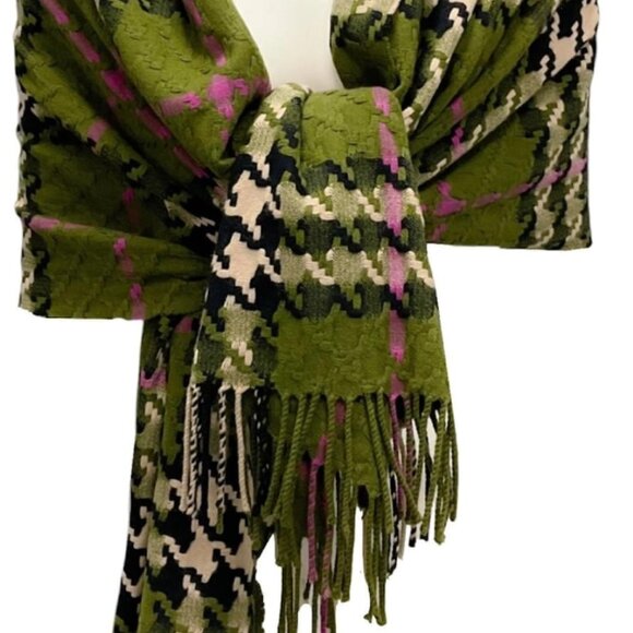 Burberry Olive Green/Magenta Houndstooth Plaid Check Merino Wool Cashmere Shawl - Picture 1 of 6